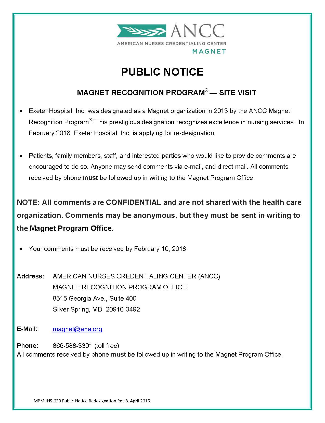 Exeter Hospital - Public Notice - Magnet Recognition Program - Site Visit